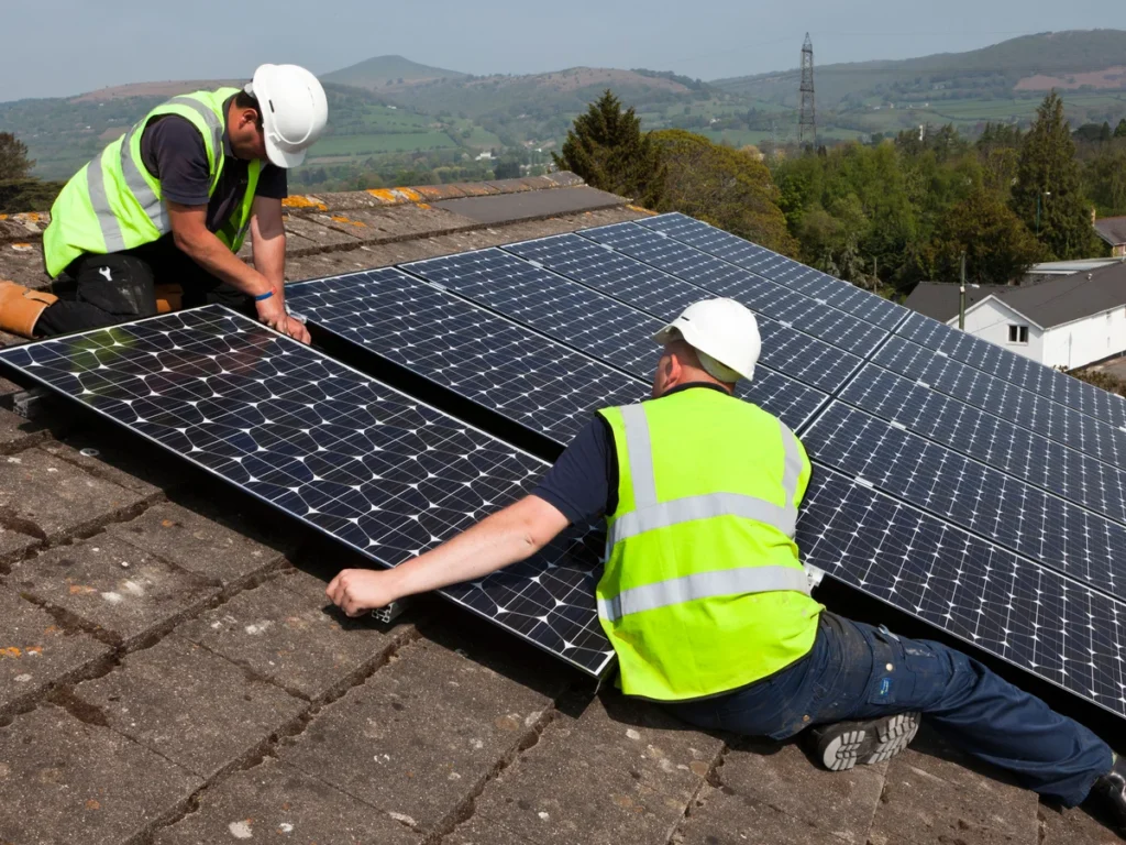 Solar panel installation on a home in Compton, California with clear blue skies